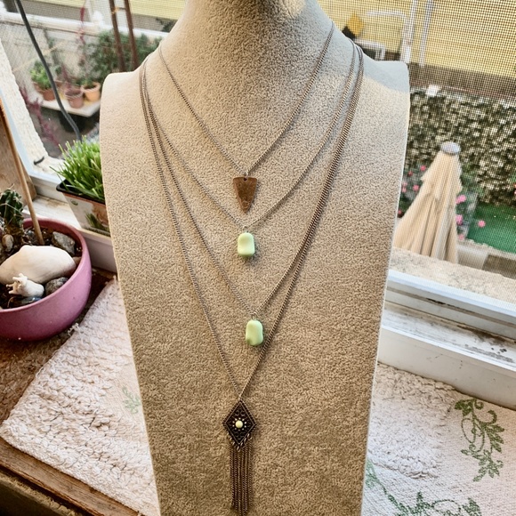 Silver Tone & Green Stone Layered Four Strand Necklace and Matching Earrings - Picture 10 of 11